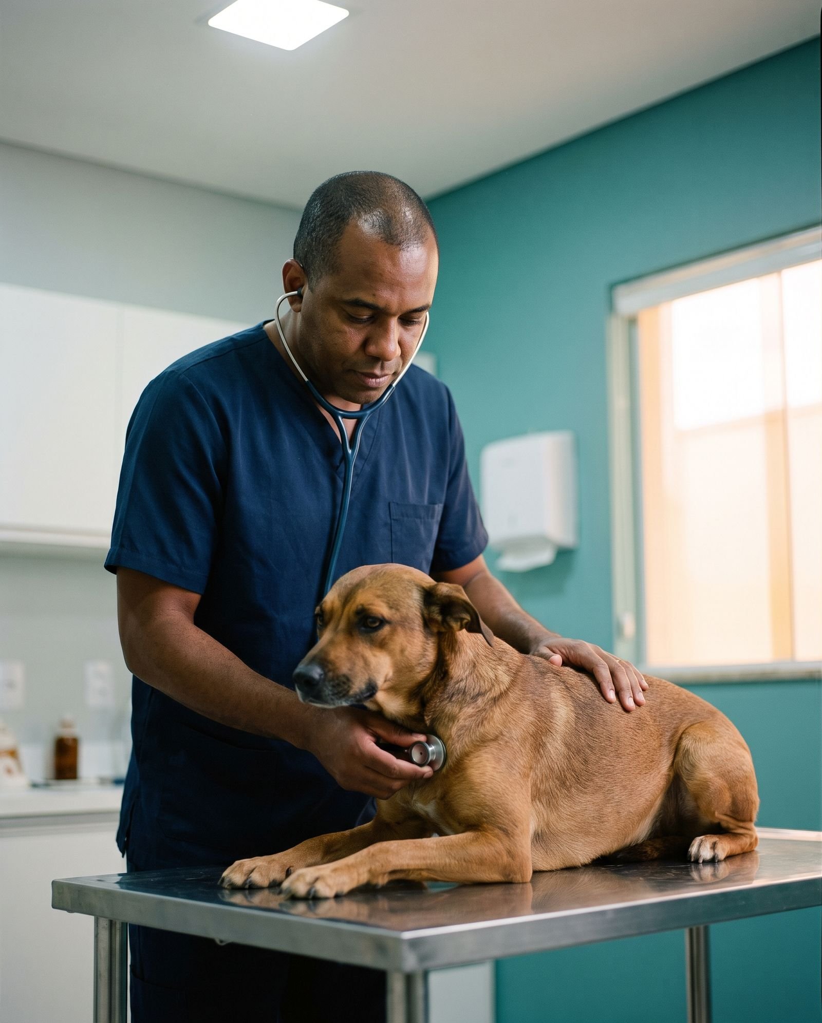 Veterinário ausculta com estetoscópio um cão caramelo deitado na mesa de exame