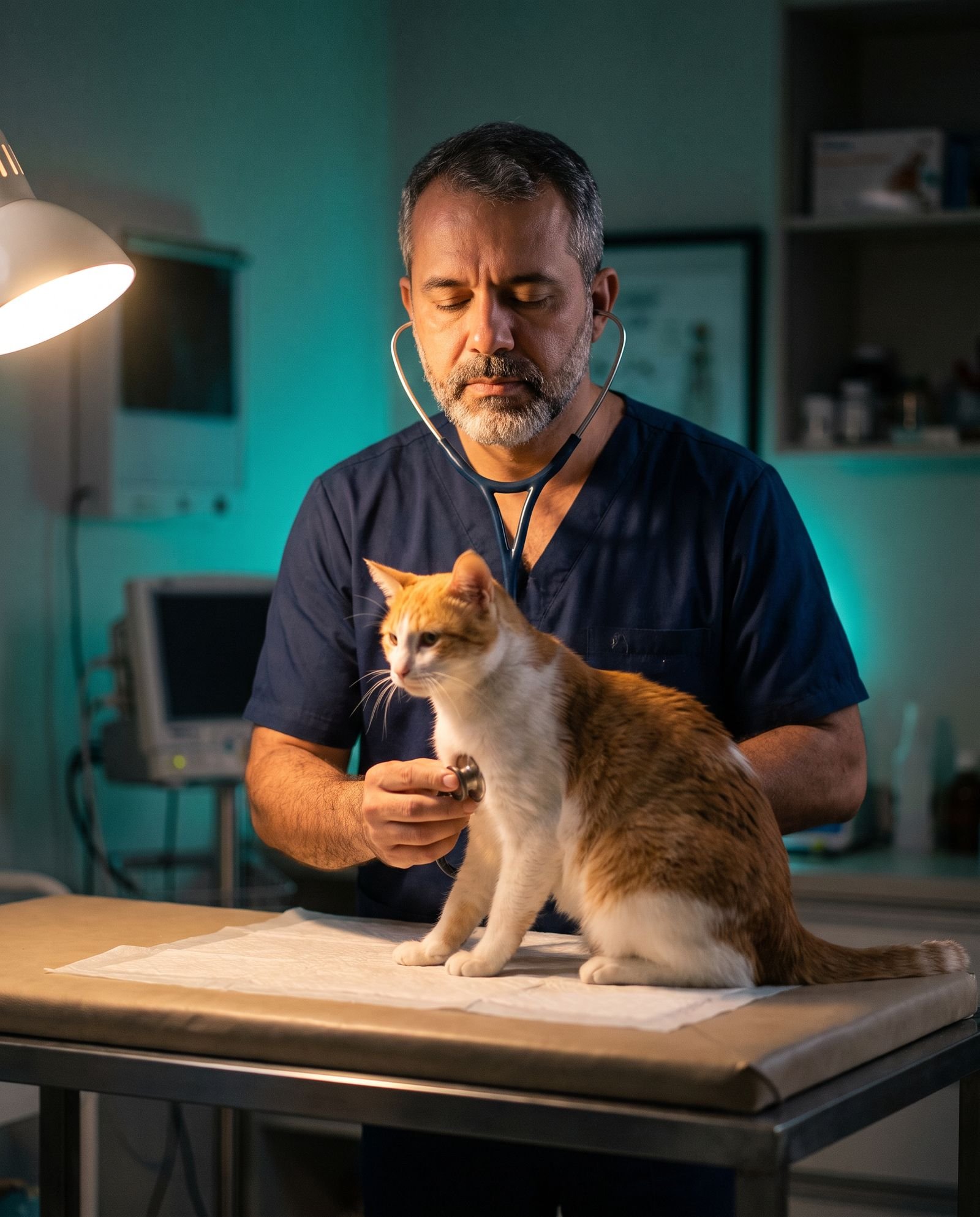 Veterinário ausculta o coração de um gato laranja e branco sentado na mesa de exame