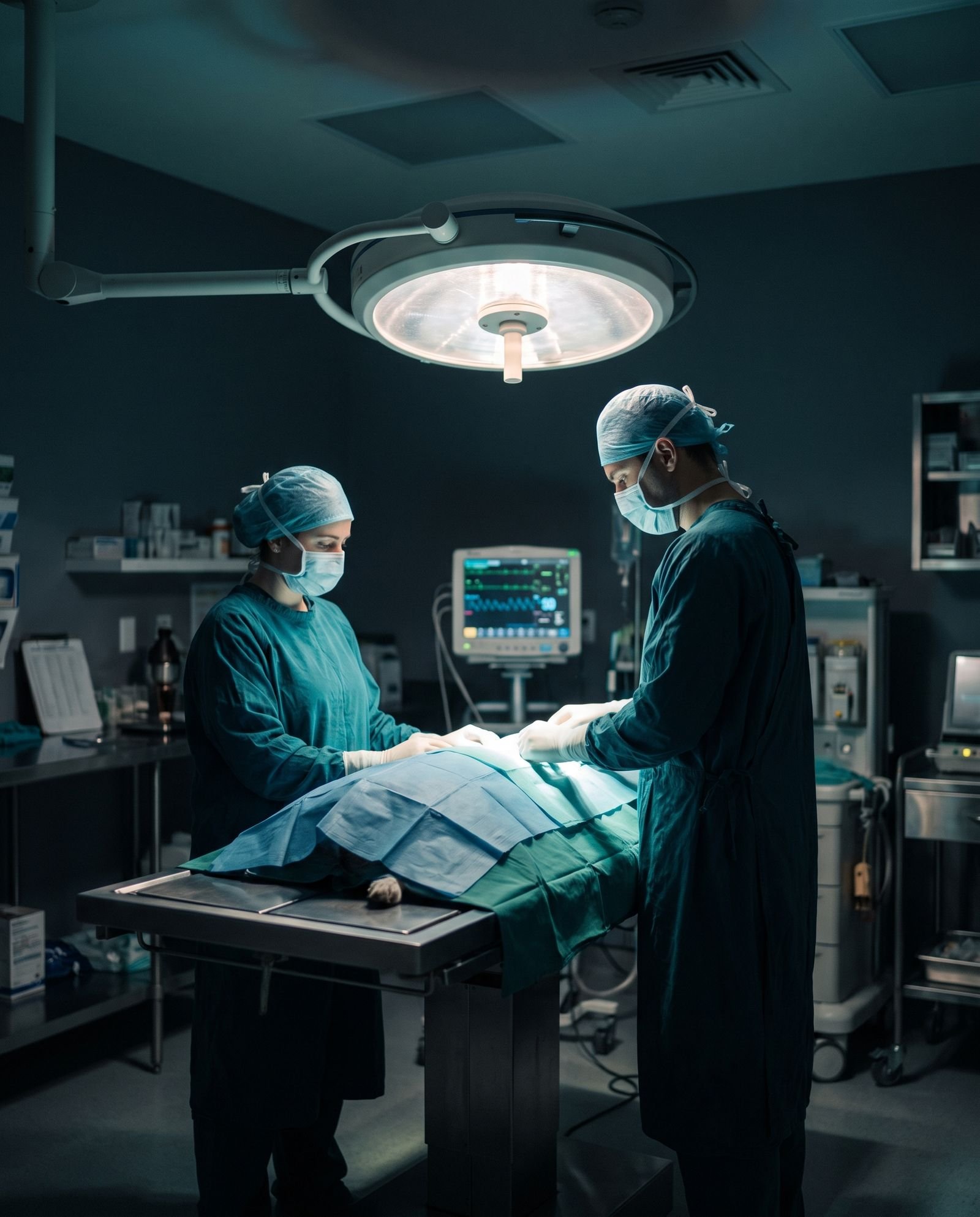 Equipe cirúrgica paramentada trabalha sob o foco de luz em sala de cirurgia