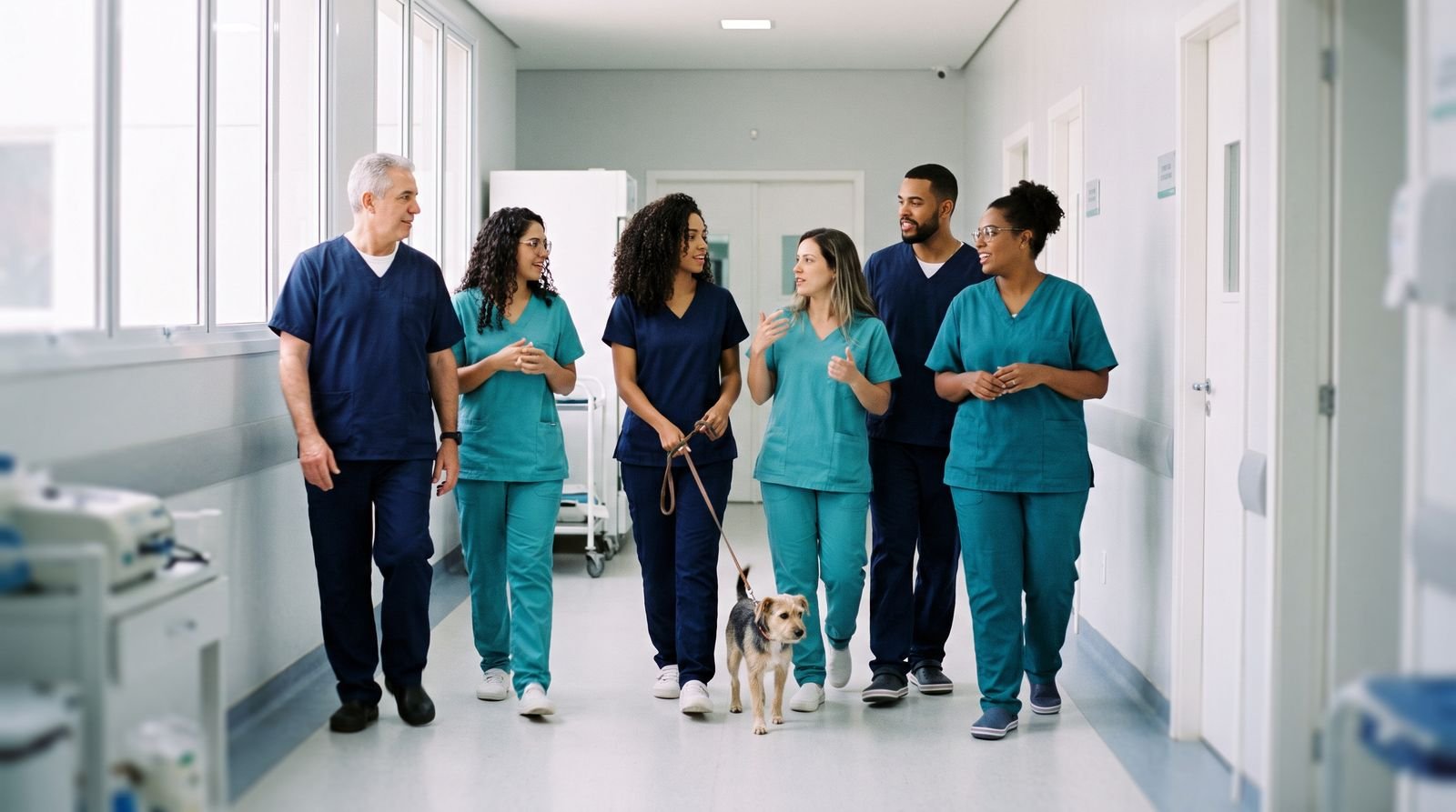 Equipe veterinária caminhando pelo corredor do hospital com um cão