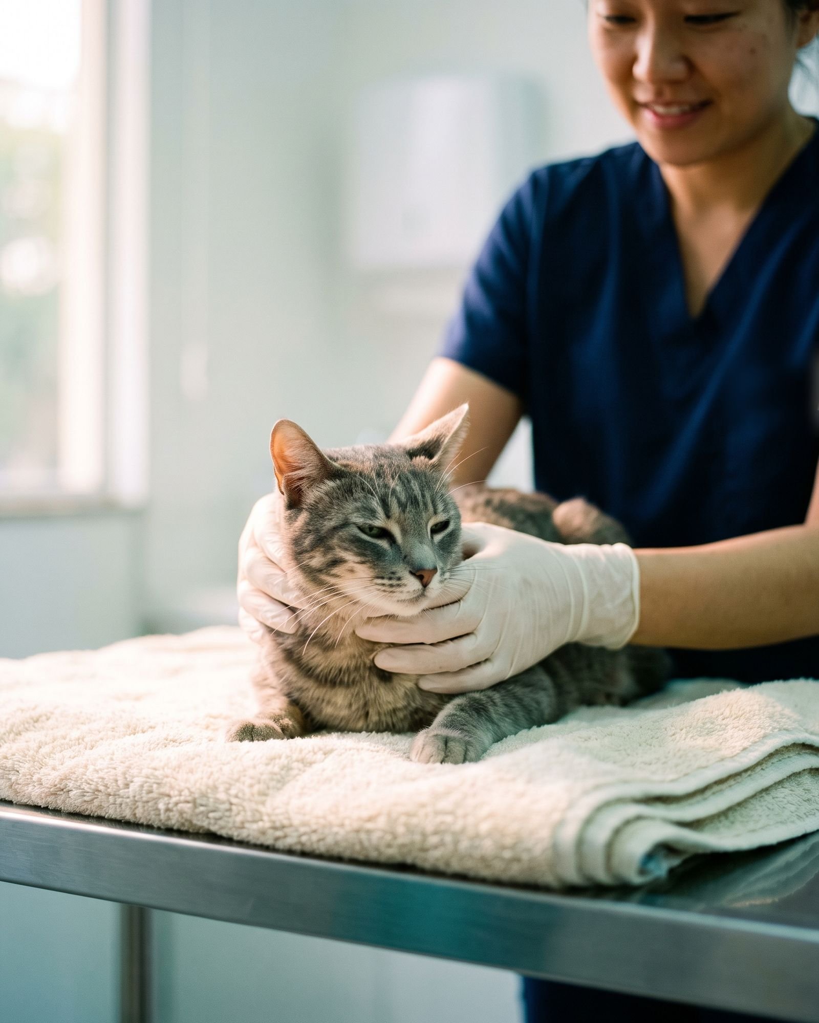 Gato tigrado relaxado sobre uma toalha enquanto a veterinária o examina com delicadeza