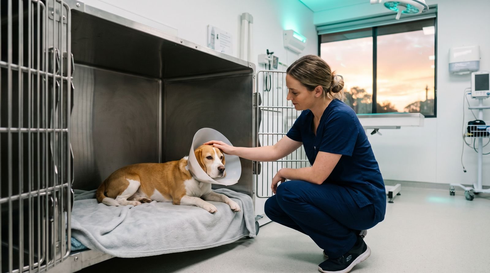 Beagle em recuperação descansa sobre manta na internação enquanto enfermeira faz carinho