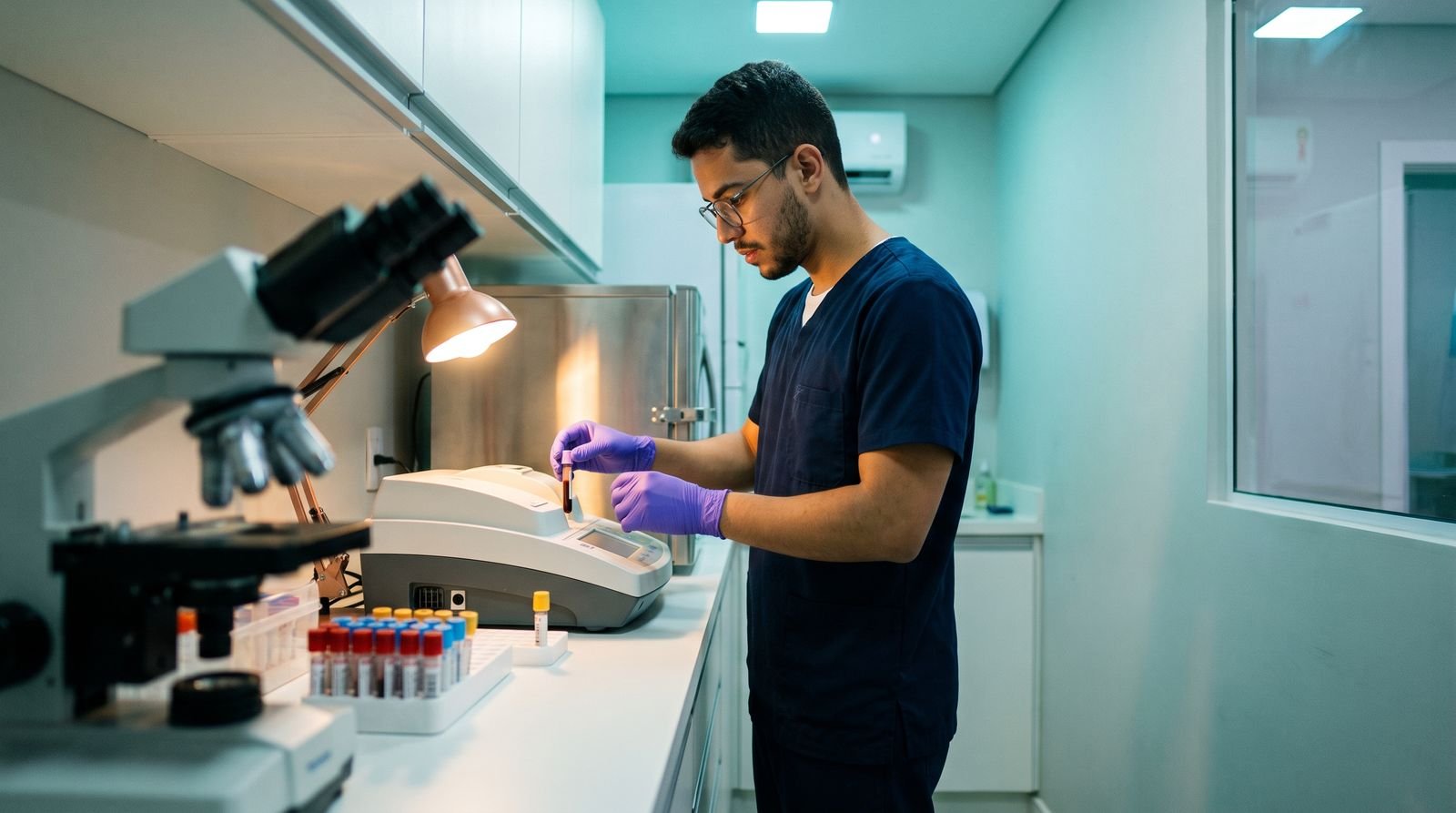 Profissional de laboratório posiciona um tubo de amostra no analisador, com microscópio em primeiro plano