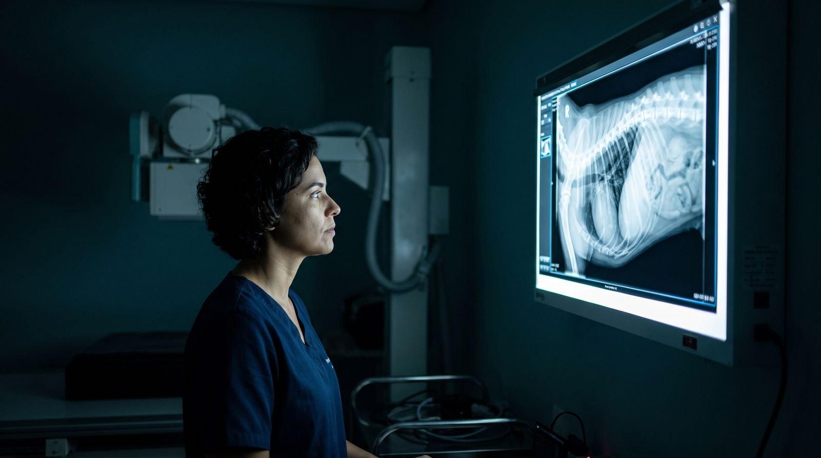 Veterinária analisa radiografia digital de um cão em monitor de alta resolução