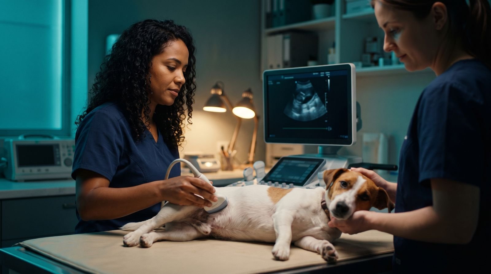 Veterinária realiza ultrassonografia em um cão tranquilo, com o monitor do aparelho ao fundo